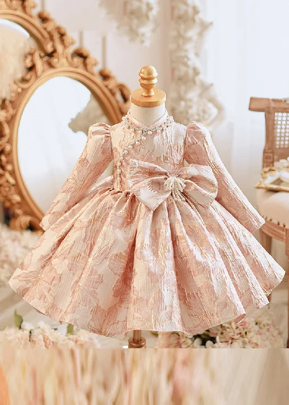 Discount Mania Unique Pink Bow Patchwork Pearl Thick Girls Maxi Dress Puff Sleeve RP038