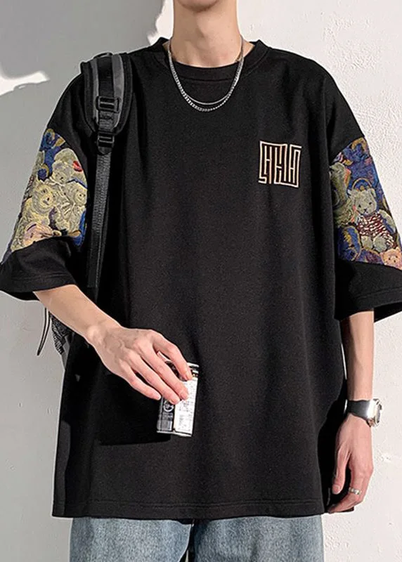Hurry In Plus Size Black Embroideried Patchwork Cotton Mens Graphic Tees Summer WA012 Hurry In Plus Size Black Embroideried Patchwork Cotton Mens Graphic Tees Summer WA012
