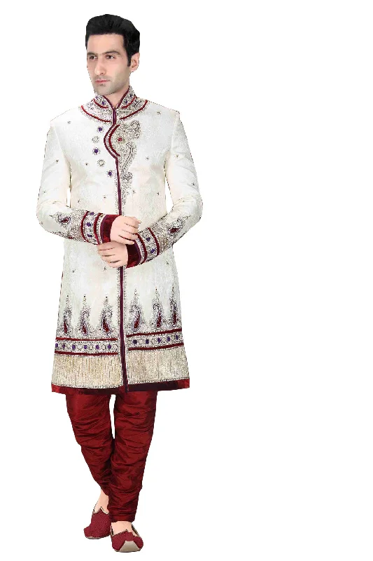 New Deals Ethnic Cream Brocade Silk Indian Wedding Sherwani For Men