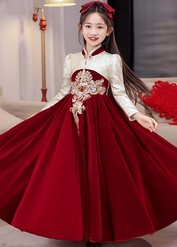 Huge Discounts Chinese Style Red Stand Collar Embroideried Silk Velour Kids Long Dress Winter RP043 Huge Discounts Chinese Style Red Stand Collar Embroideried Silk Velour Kids Long Dress Winter RP043