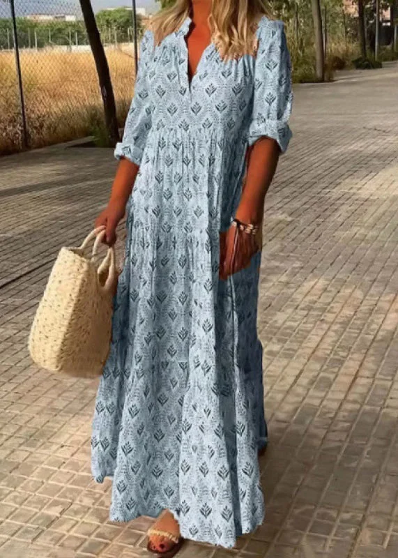 Sale Event Loose Sky Blue V Neck Print Maxi Dresses Fall QA031
