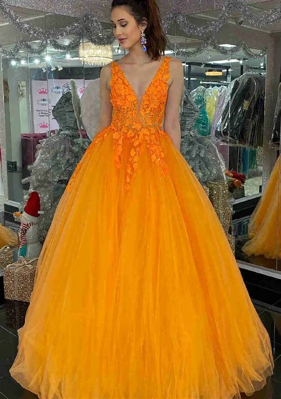 Special Savings Princess V Neck Long/Floor-Length Tulle Corset Prom Dress With Appliqued Gowns