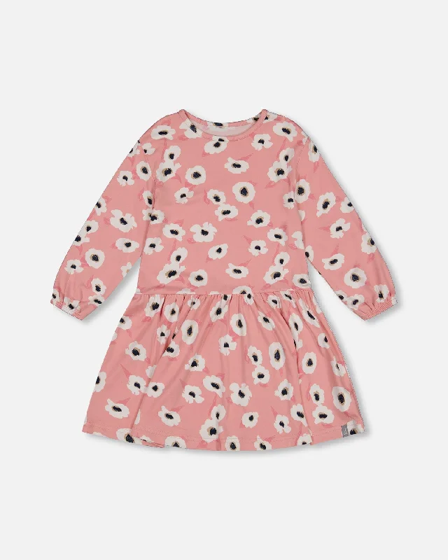 Limited Time Printed Long Sleeve Dress Pink With White Flowers