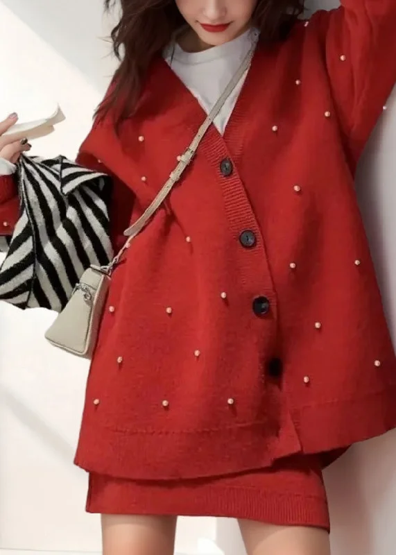 Year-End Sale Fashion Red V Neck Nail Bead Cotton Knit Cardigan And Skirts Two Pieces Set Winter WV001