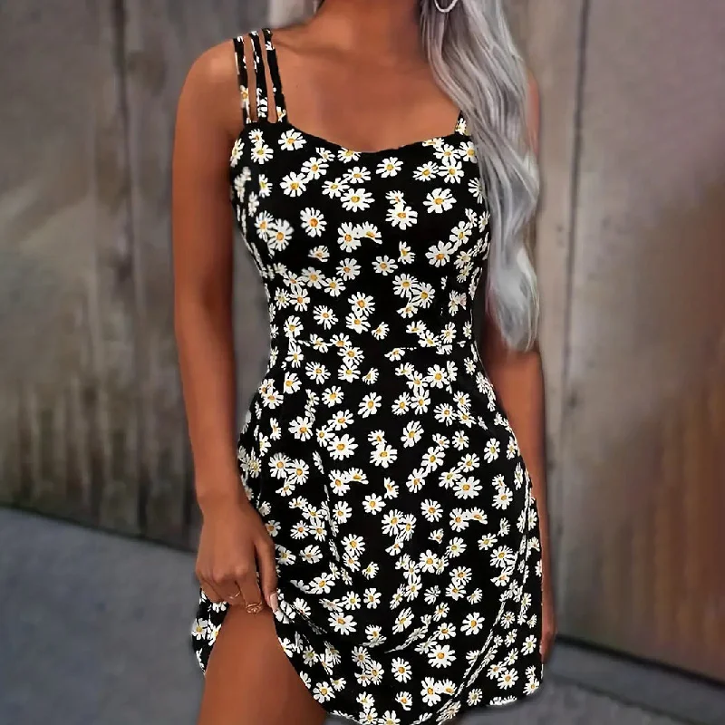 Buy More, Save More Daisy Print Spaghetti Strap Dress Sexy Sleeveless Bag Hip Dress Womens Clothing