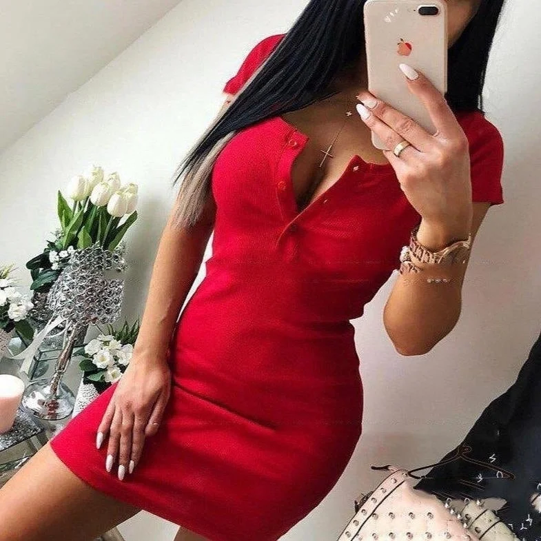 Bargain Blast Button Round Neck Short-sleeved Dress Female Tight-fitting Hip