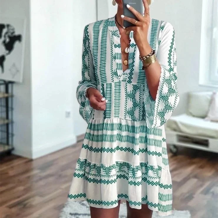 Deal Zone Striped Print Bohemian Long Sleeve Dress