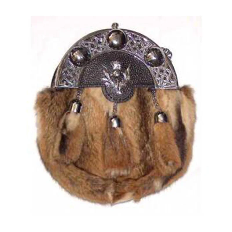 Customer Appreciation Sale Black or Brown Grained Leather Celtic Sporran Rabbit Fur Thistle badge