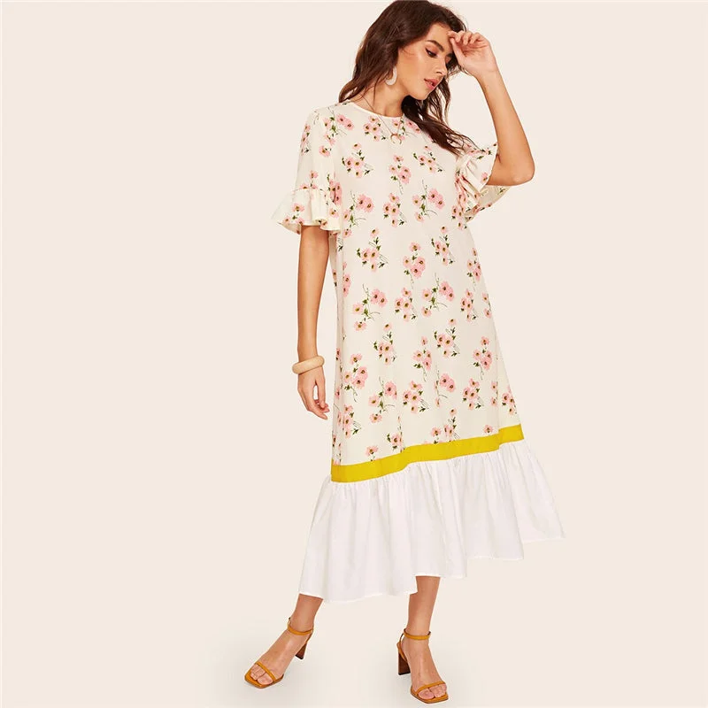 Shop and Save Women's Summer Floral Flounce-Sleeved Dress With Ruffles