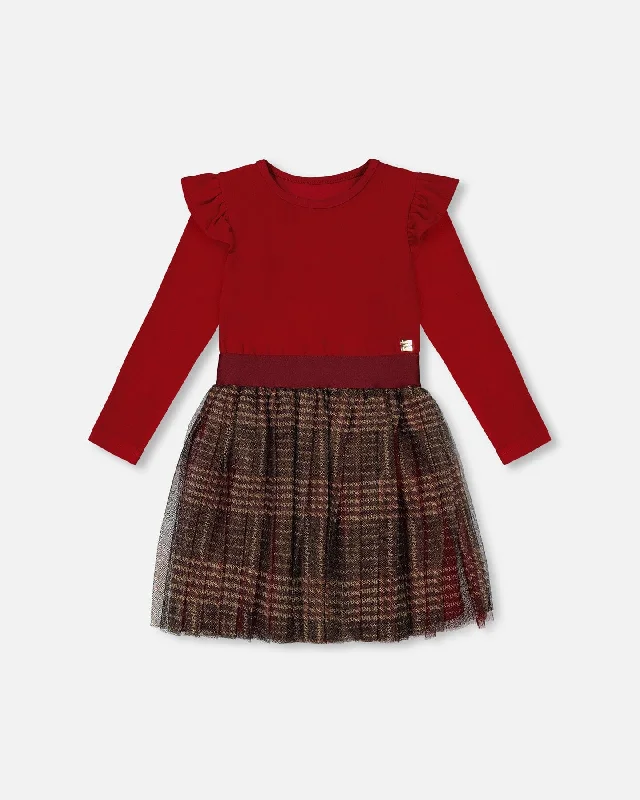 Overstock Long Sleeve Dress With Glittering Tulle Skirt Red Plaid