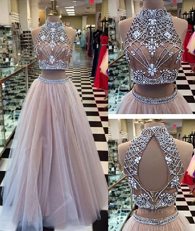 Doorbuster Deal Two Pieces High-Neck Beaded Tulle Long Champagne Corset Prom Dresses, Evening Dresses outfit Doorbuster Deal Two Pieces High-Neck Beaded Tulle Long Champagne Corset Prom Dresses, Evening Dresses outfit
