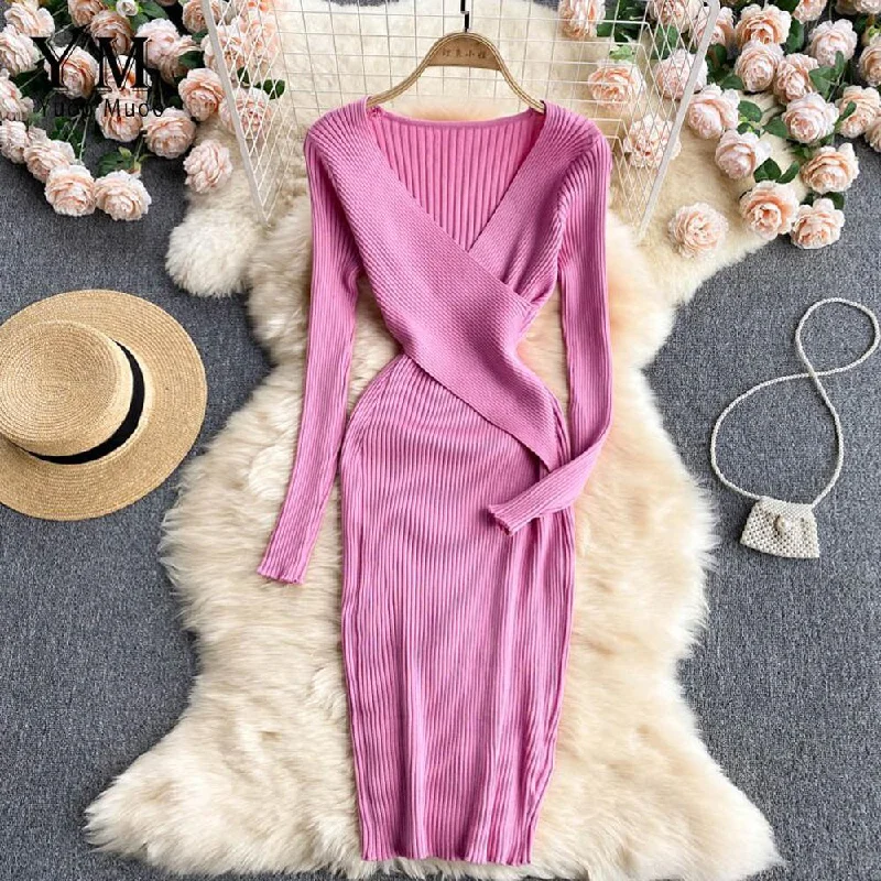Daily Specials Sexy Pink V-neck Cross Slim Waist Long Sleeve Knit Sweater Dress AR1018 Daily Specials Sexy Pink V-neck Cross Slim Waist Long Sleeve Knit Sweater Dress AR1018