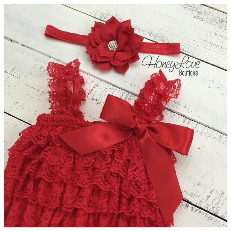 Take Advantage Lace Romper - Christmas Red Lace Petti Romper and matching poinsettia headband