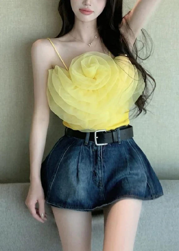 Take Advantage Sexy Yellow Solid Floral Chiffon Spaghetti Strap Tank Sleeveless EE1059