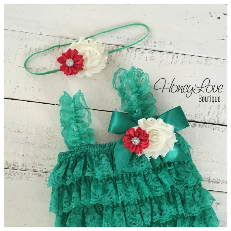 Extra Savings Lace Petti Romper - Embellished Christmas Green with matching headband