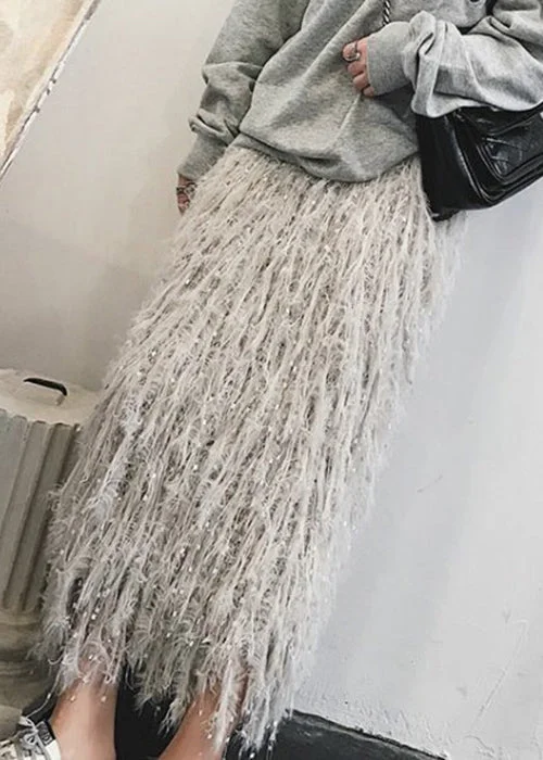 Clearance Items Art Grey Tasseled Hollow Out Knit Skirt Fall WY031