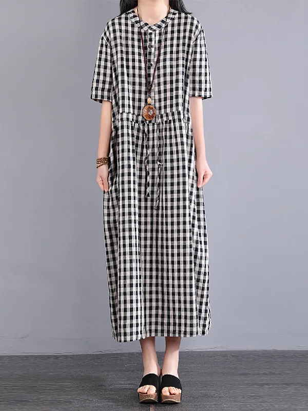Can't Be Beat Plus Size Women Casual Plaid Summer Cotton Linen Dress SC1061