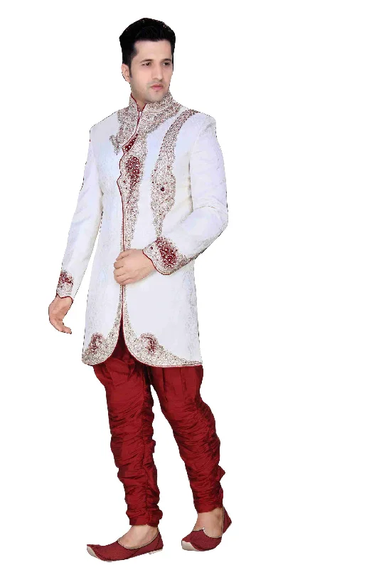Discount Deals Modern White Brocade Silk Indian Wedding Sherwani For Men