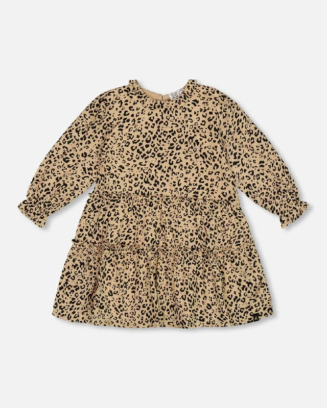 Super Sale Long Sleeve Viscose Dress With Frill Printed Leopard