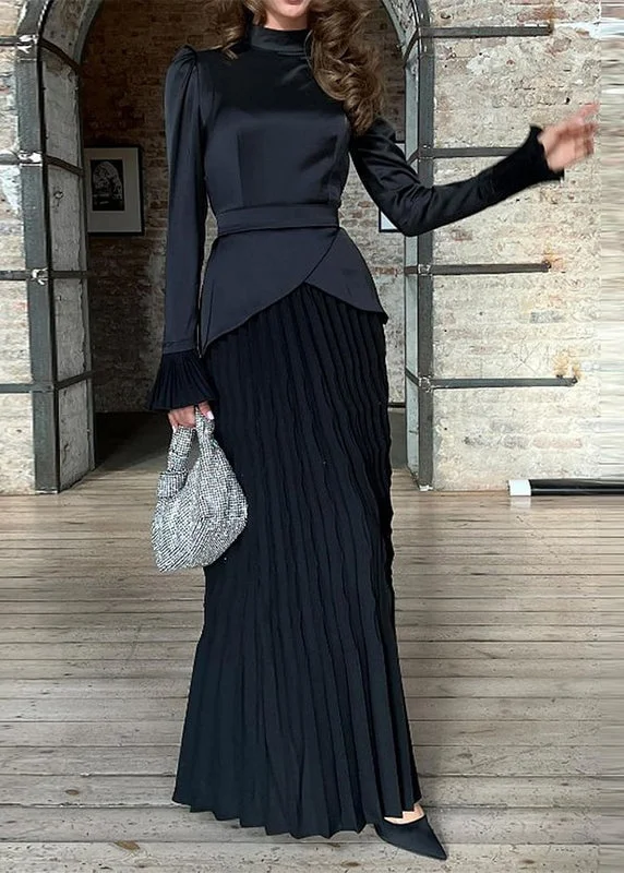 Last Chance Fashion Black Wrinkled Patchwork Silk Long Dress Fall WO049