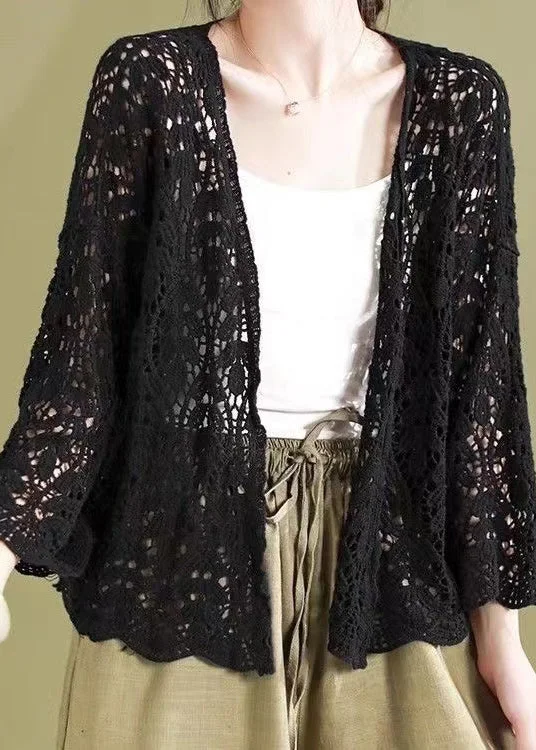 Big Savings Beautiful Black Hollow Out Knit Loose Cardigans Summer WN011