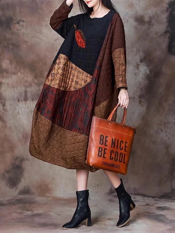 Price Drop Alert Women Vintage Autumn Colorblock Loose Spliced Cotton Dress WG005