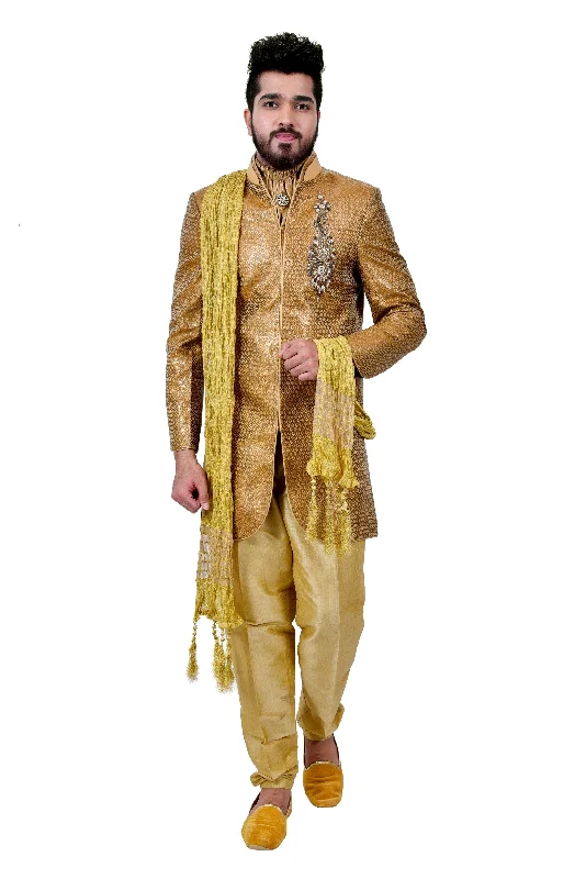 Midnight Madness Gold Zari Brocade Silk Traditional Indian Wedding Indo-Western Sherwani for Men