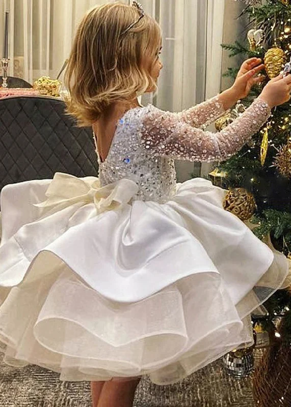 Must-Have Deals Elegant White Backless Sequins Patchwork Tulle Kids Mid Dresses Fall RP040