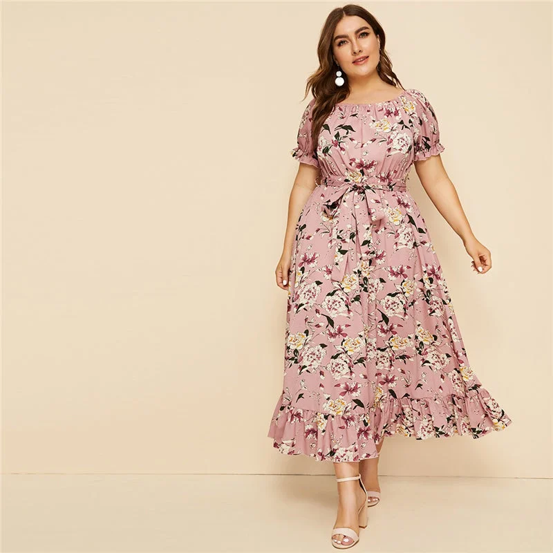 Steals and Deals Women's Summer Floral Belted Dress With Ruffles | Plus Size