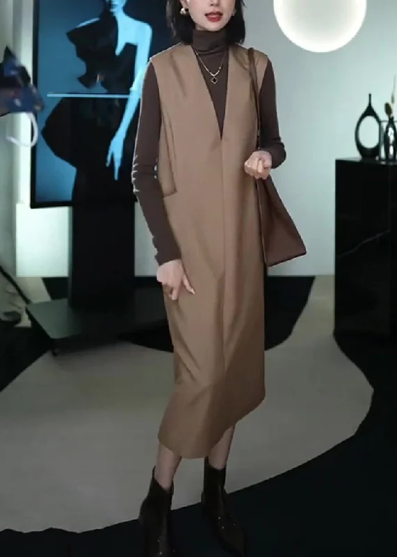 Seasonal Clearance Italian Coffee Patchwork Warm Fleece Long Waistcoat And Dress Two Piece Set Winter RF037