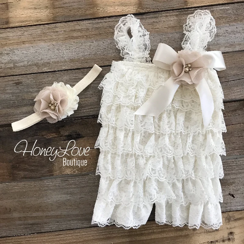 Online Only Lace Petti Romper - Ivory and matching flower headband