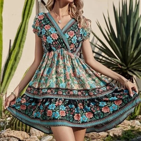 Savings Event Allover Floral Print V-Neck Ruffle Hem Dress