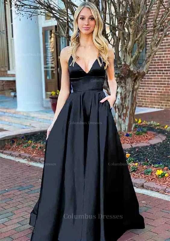 Deal Mania A-line V Neck Sleeveless Charmeuse Long/Floor-Length Prom Dress With Pockets