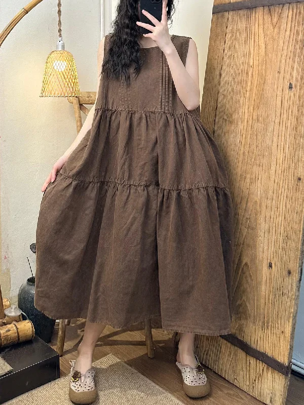 Midnight Madness Women Summer Vintage Solid Shirred Linen Vest Dress BN1042
