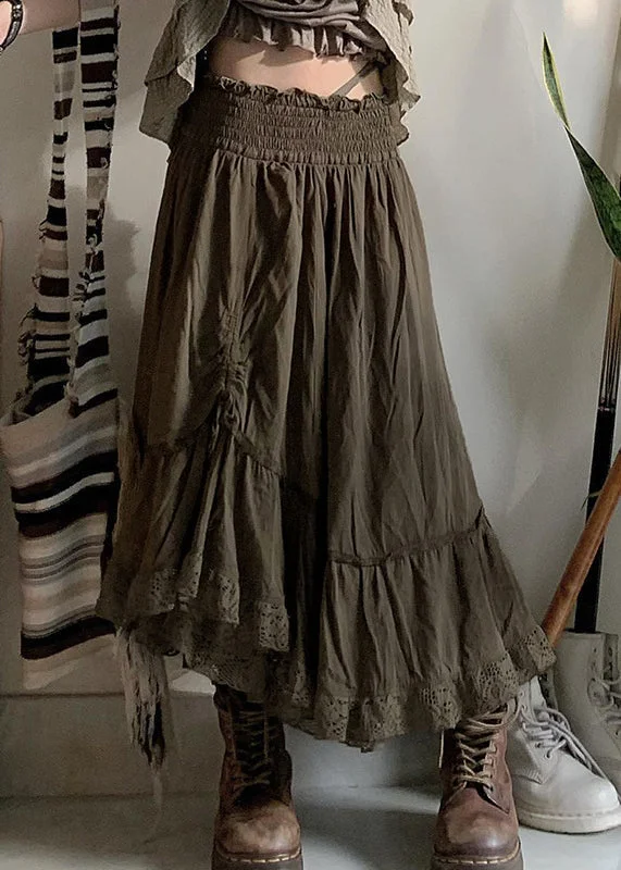Unmissable Offer Vintage Army Green Ruffled Cinched Elastic Waist Cotton Skirts Fall QA013