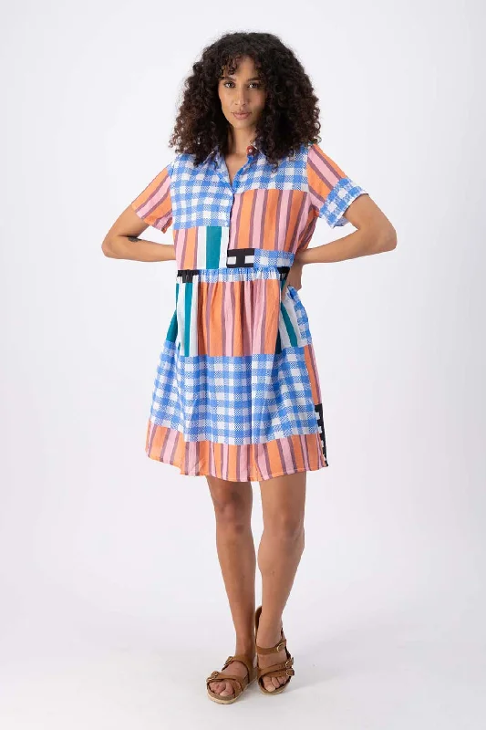 Stock Clearance Central Park Villa Dress Blue in Seersucker