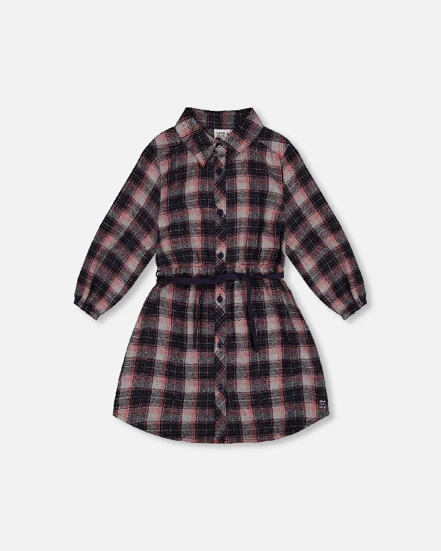 Final Clearance Shirt Flannel Dress With Belt Plaid Navy And Pink