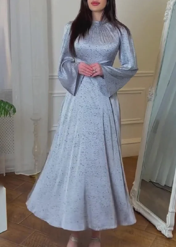 Big Discounts Organic Blue Lace Up Print Silk Maxi Dresses Fall QL035