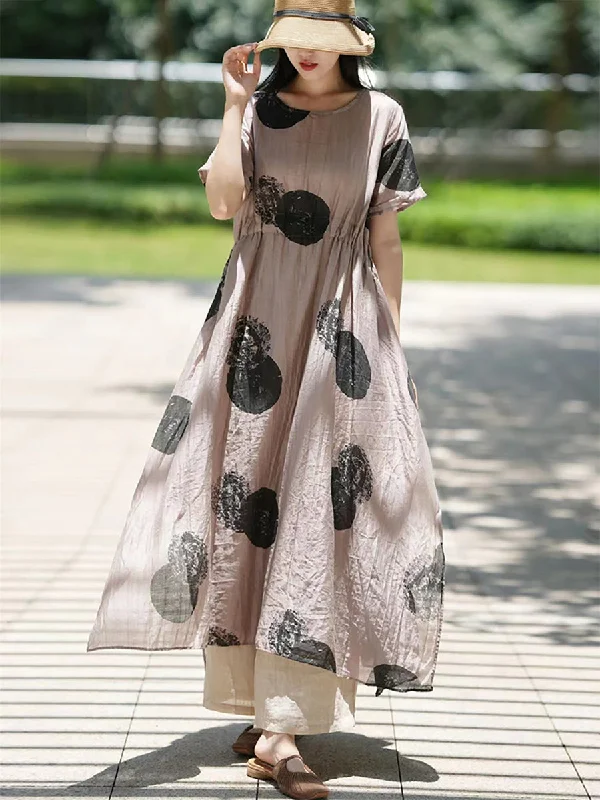 Fantastic Deals Plus Size Women Artsy Dot 100%Ramie Loose Dress SC1063