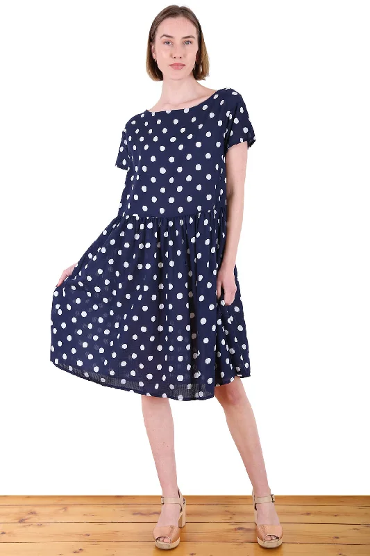 Early Bird Discount Cyan Spot Drop Waist Dress Navy in Seersucker