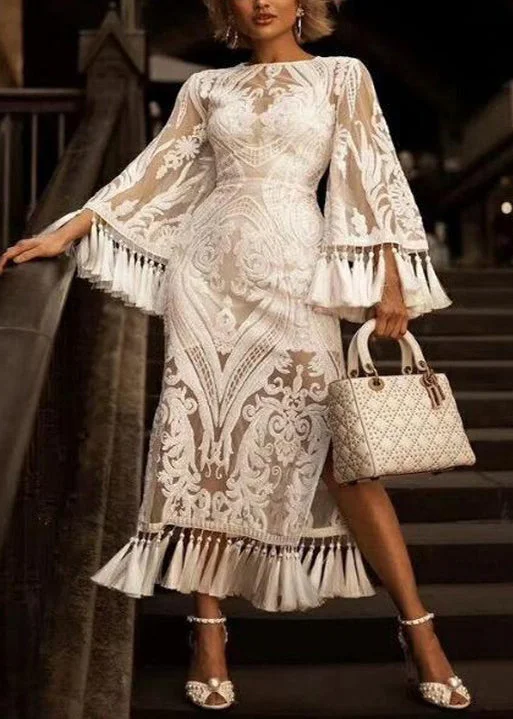 Deal Zone French White Embroidered Tasseled Lace Dress Two Pieces Set Fall QR015