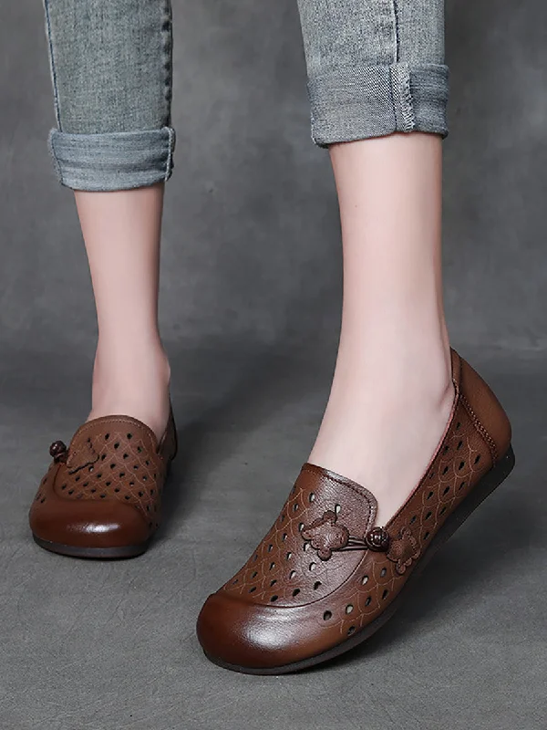 Super Bargain Women Summer Vintage Solid Leather Cutout Flat Shoes FG1004
