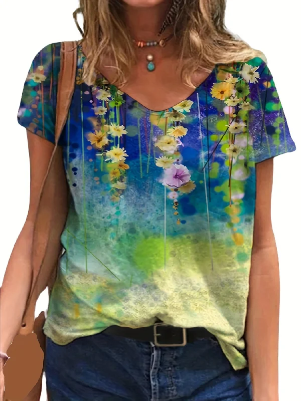 Stock Clearance Floral Print V Neck T-Shirt, Casual Short Sleeve T-Shirt For Spring & Summer, Women's Clothing RA1010 Stock Clearance Floral Print V Neck T-Shirt, Casual Short Sleeve T-Shirt For Spring & Summer, Women's Clothing RA1010