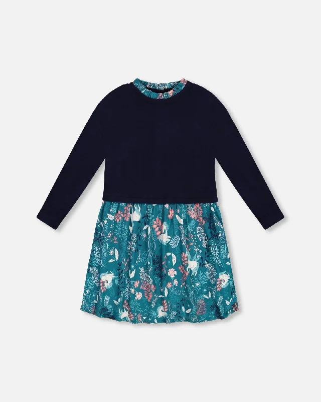 One-DAY Sale Bi-Material Long Sleeve Dress Turquoise Printed Fairy Unicorn