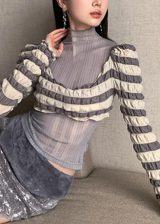 Take Advantage Sexy Grey Turtleneck Patchwork Tulle T Shirts Long Sleeve LY0802
