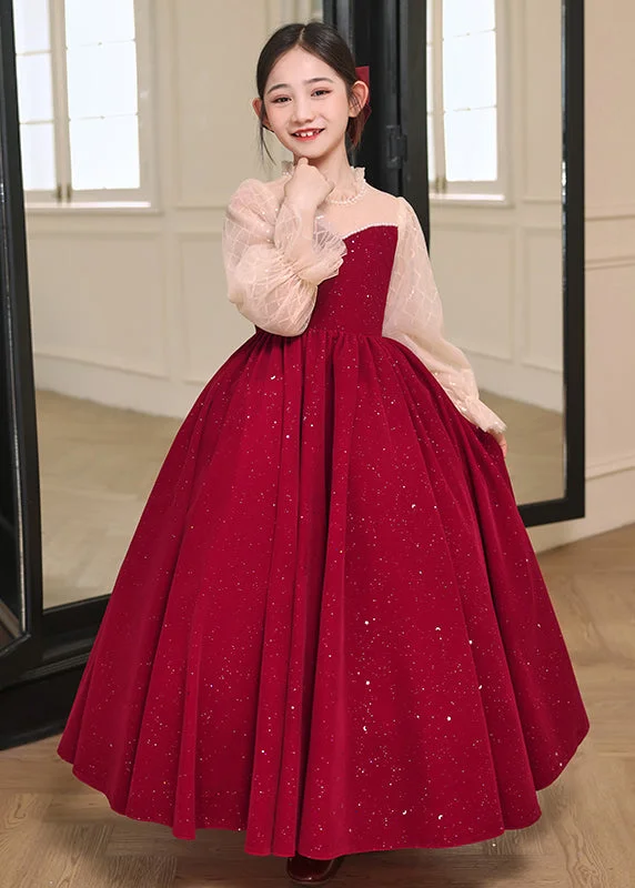 Can't Miss DIY Red Stand Collar Patchwork Wrinkled Tulle Girls Long Dress Fall RP030
