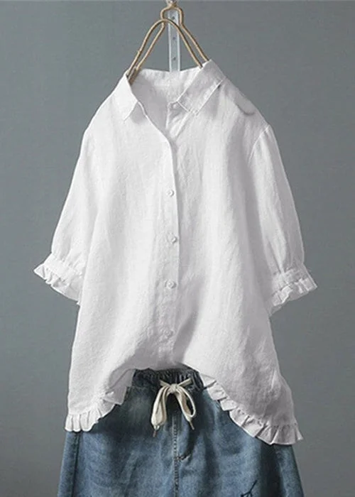 Early Access Loose White Ruffled Button Solid Cotton Shirt Summer QE032