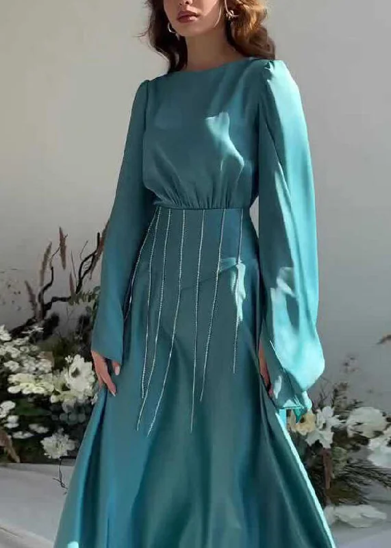 Mega Sale French Lake Blue Tassel Lace Up Silk Long Dress Fall QL021
