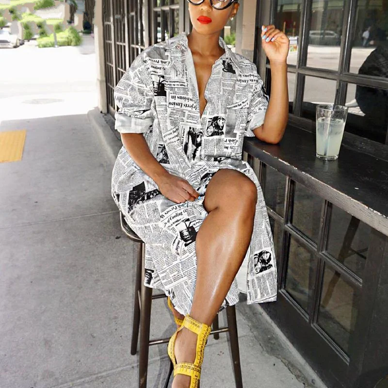 Special Buy Women's Autumn Long Sleeve Midi Dress With Newspaper Print