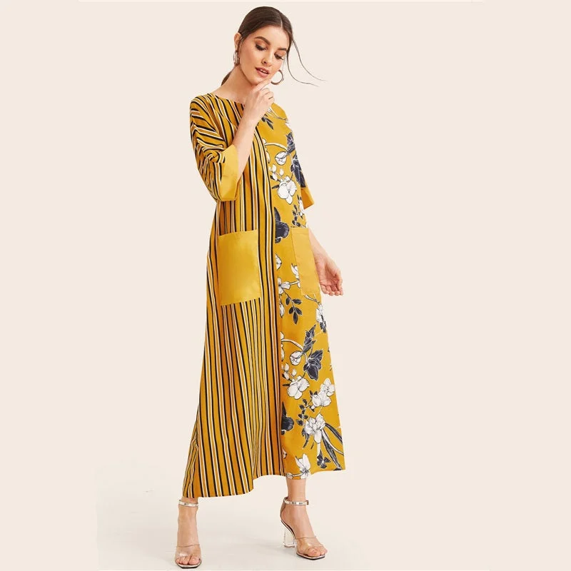 Year-End Sale Women's Summer O-Neck Floral Maxi Dress With Pockets